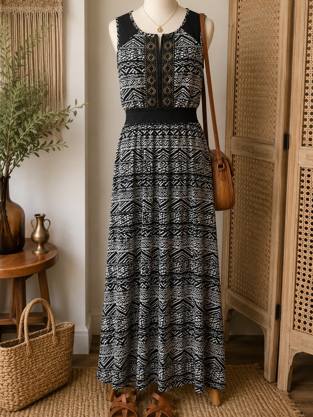 Halo Black & White Tribal Print Maxi Dress – Size Small